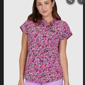 Koi Ari Purple And Pink Floral Scrub Top